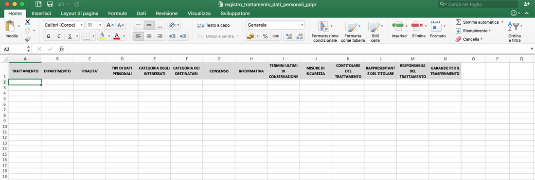 Registro dei trattamenti Protezione dati personali gdpr